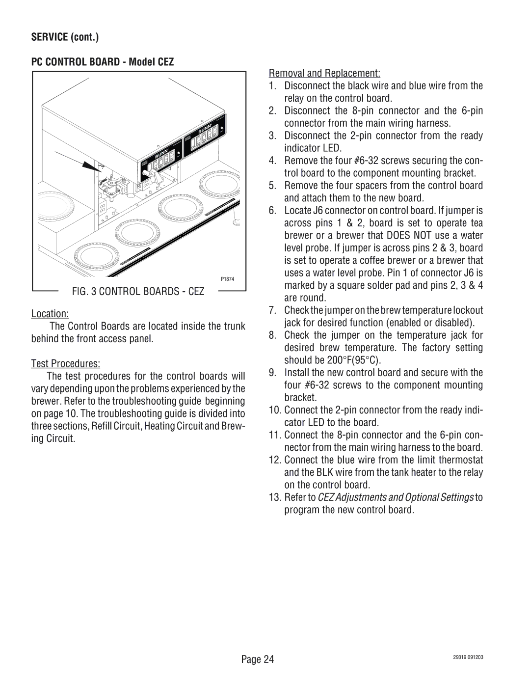 Bunn TWIN service manual Service PC Control Board Model CEZ, Control Boards CEZ 