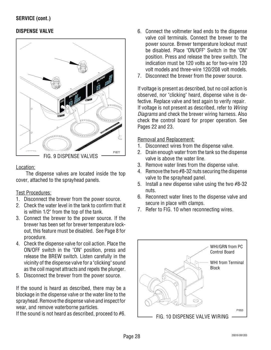 Bunn TWIN service manual Service, Dispense Valve 