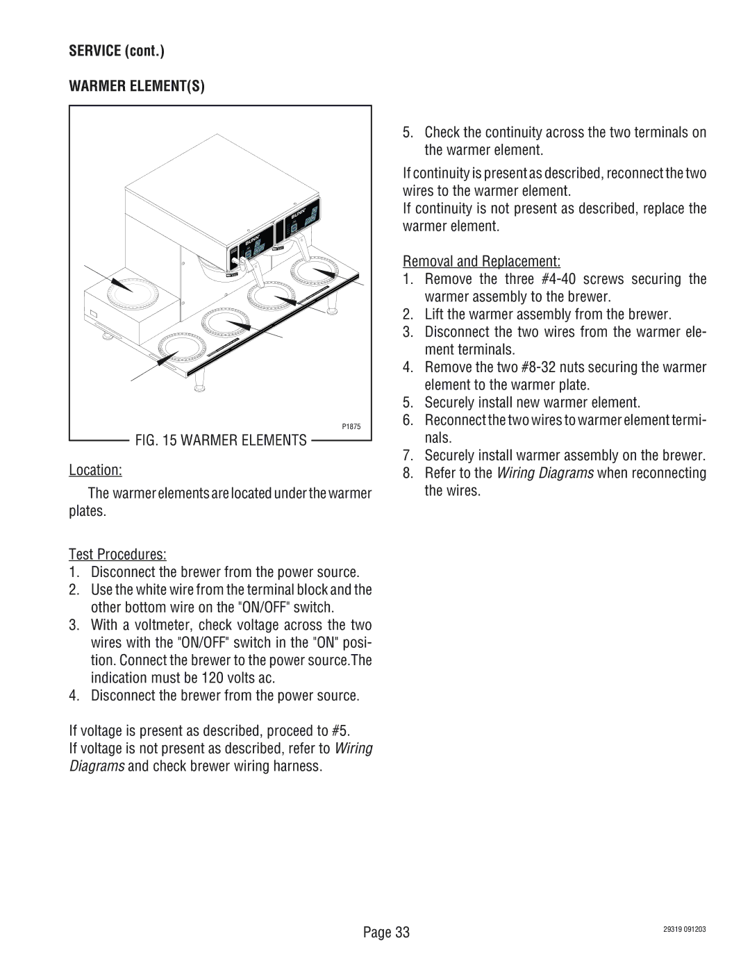 Bunn TWIN service manual Warmer Elements 