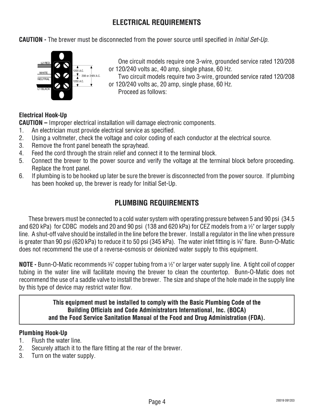 Bunn TWIN service manual Electrical Requirements, Plumbing Requirements, Electrical Hook-Up 