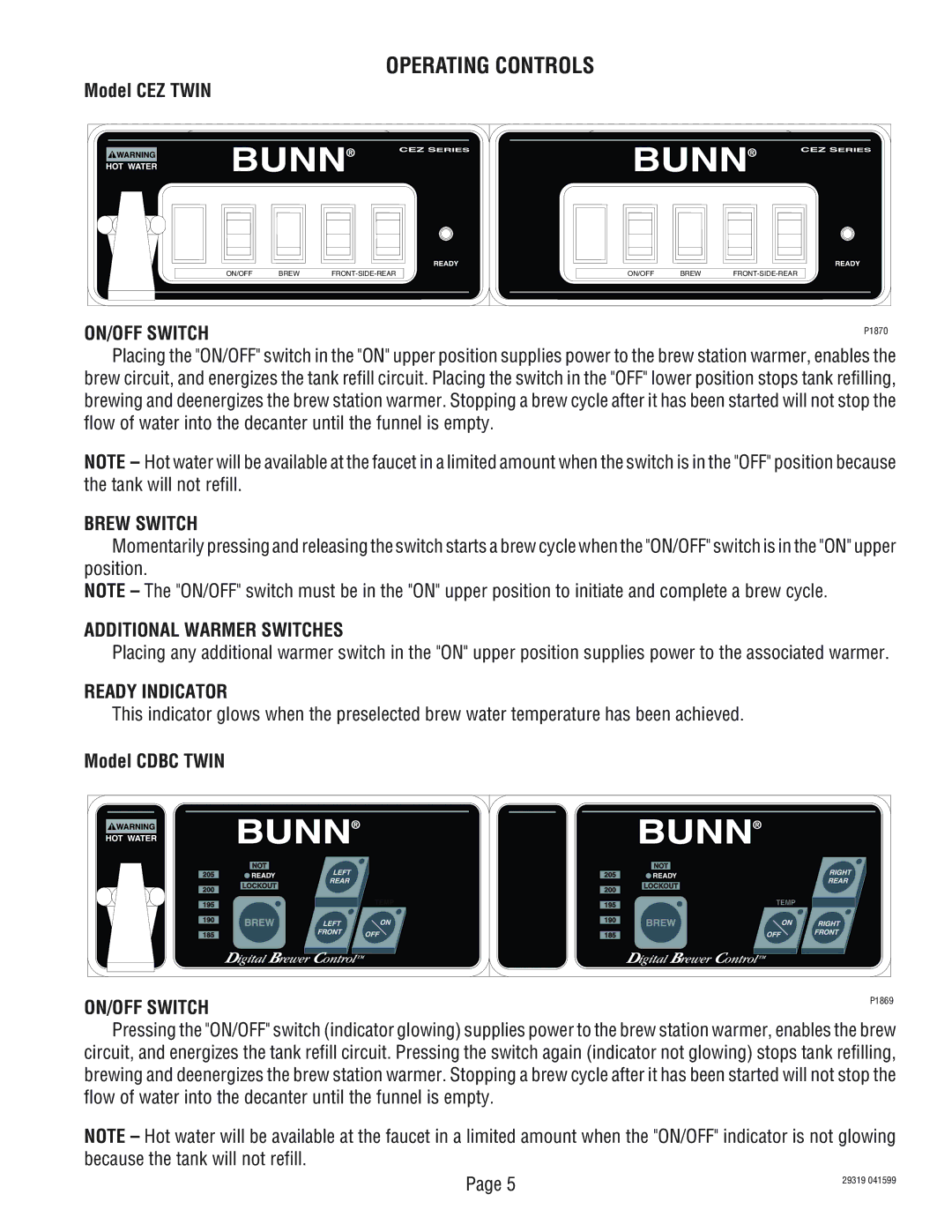 Bunn TWIN service manual Operating Controls, ON/OFF Switch, Brew Switch, Additional Warmer Switches, Ready Indicator 