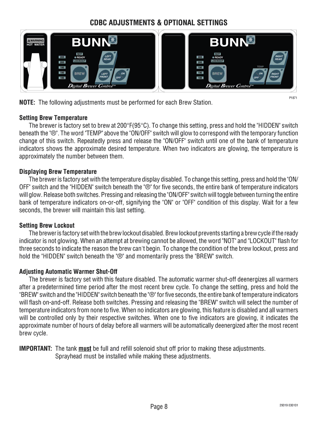 Bunn TWIN service manual Cdbc Adjustments & Optional Settings, Setting Brew Temperature, Displaying Brew Temperature 