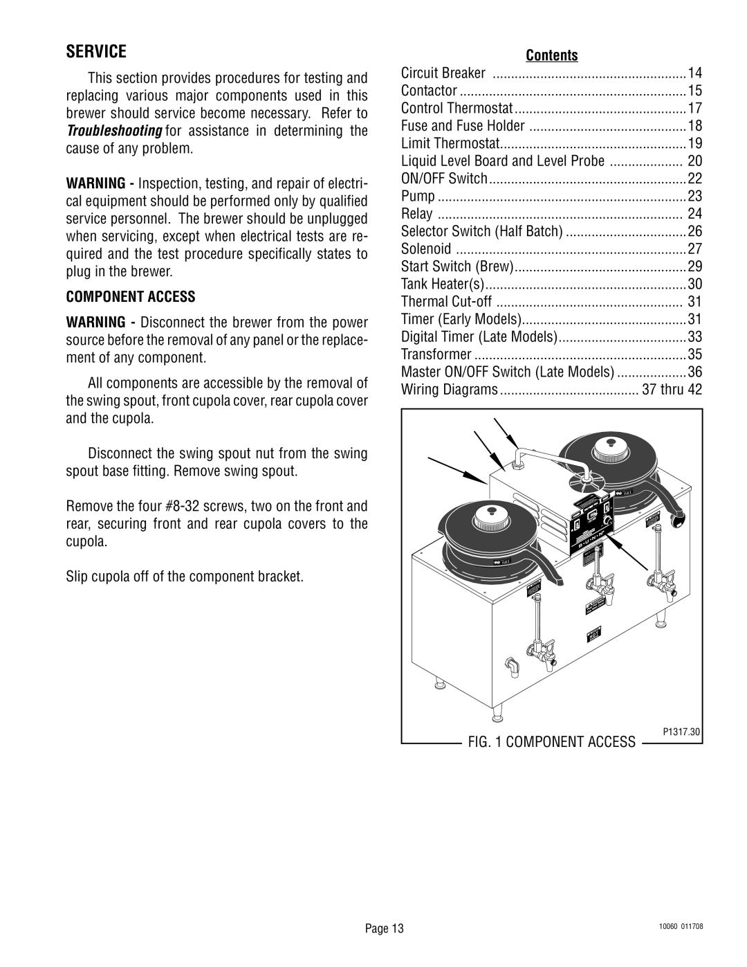 Bunn U3A service manual Service, Component Access, Contents 