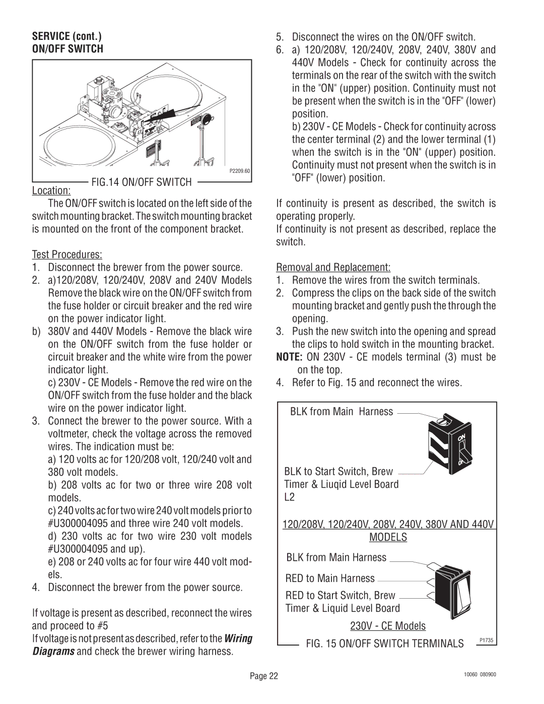 Bunn U3A service manual ON/OFF Switch, Test Procedures Disconnect the brewer from the power source 