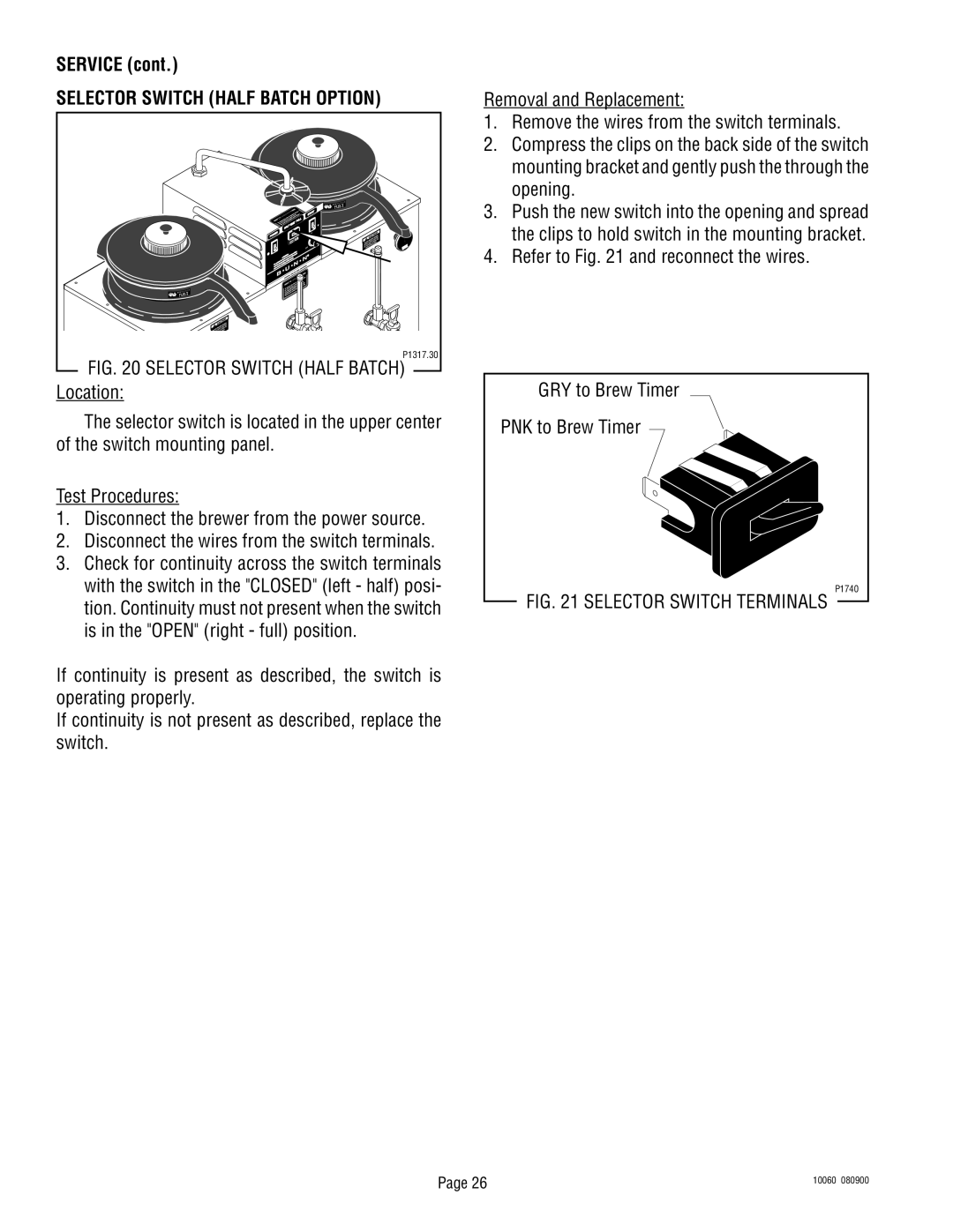 Bunn U3A service manual Selector Switch Half Batch Option, Selector Switch Half BATCHP1317.30 