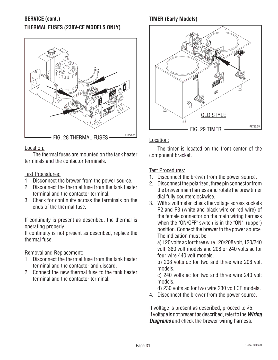 Bunn U3A service manual Thermal Fuses 230V-CE Models only, Timer Early Models 