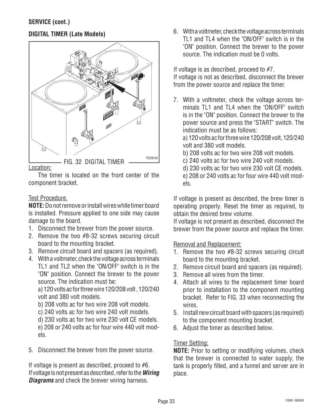 Bunn U3A service manual Service Digital Timer Late Models, If voltage is as described, proceed to #7 