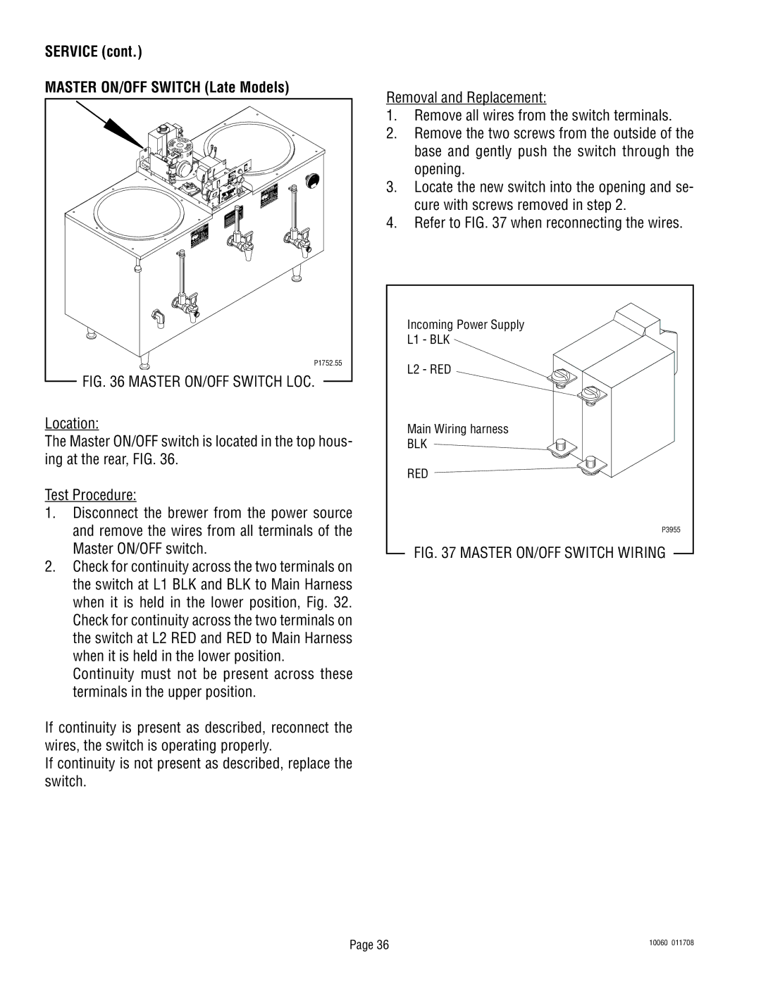 Bunn U3A service manual Service Master ON/OFF Switch Late Models, Master ON/OFF Switch LOC 