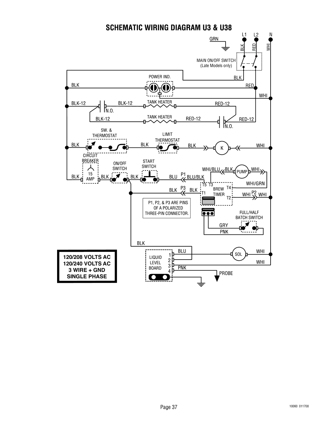 Bunn U3A service manual 120/208 Volts AC 120/240 Volts AC 3 Wire + GND Single Phase 