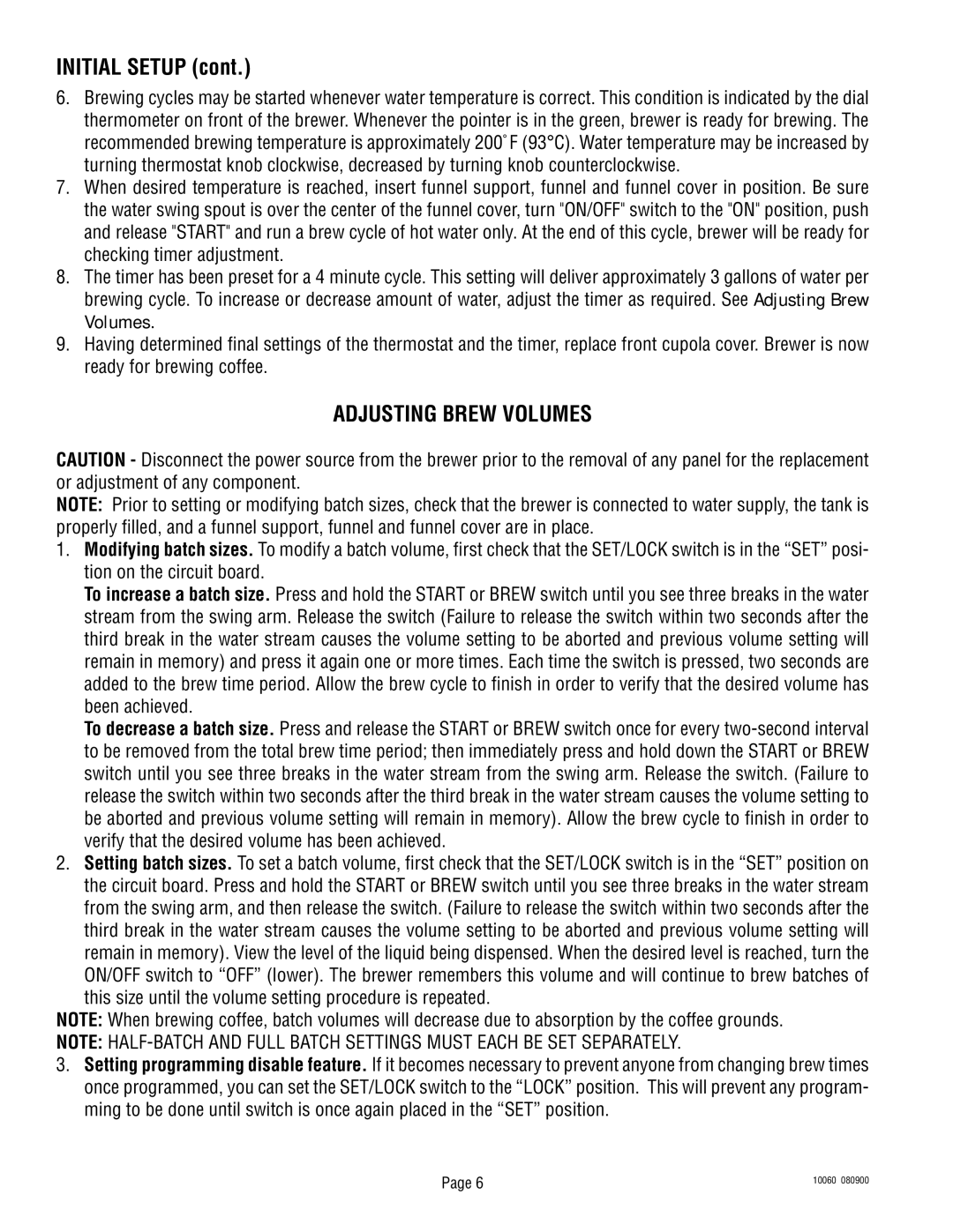 Bunn U3A service manual Initial Setup, Adjusting Brew Volumes 