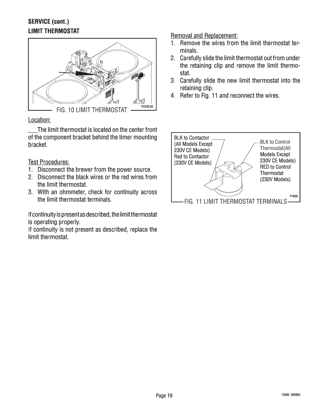 Bunn U3A service manual SERVICE cont LIMIT THERMOSTAT, Disconnect the brewer from the power source 