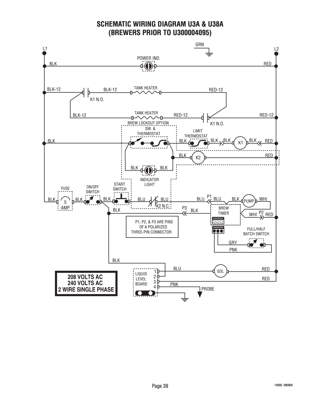 Bunn service manual SCHEMATIC WIRING DIAGRAM U3A & U38A BREWERS PRIOR TO U300004095, Page, 10060, 080900 