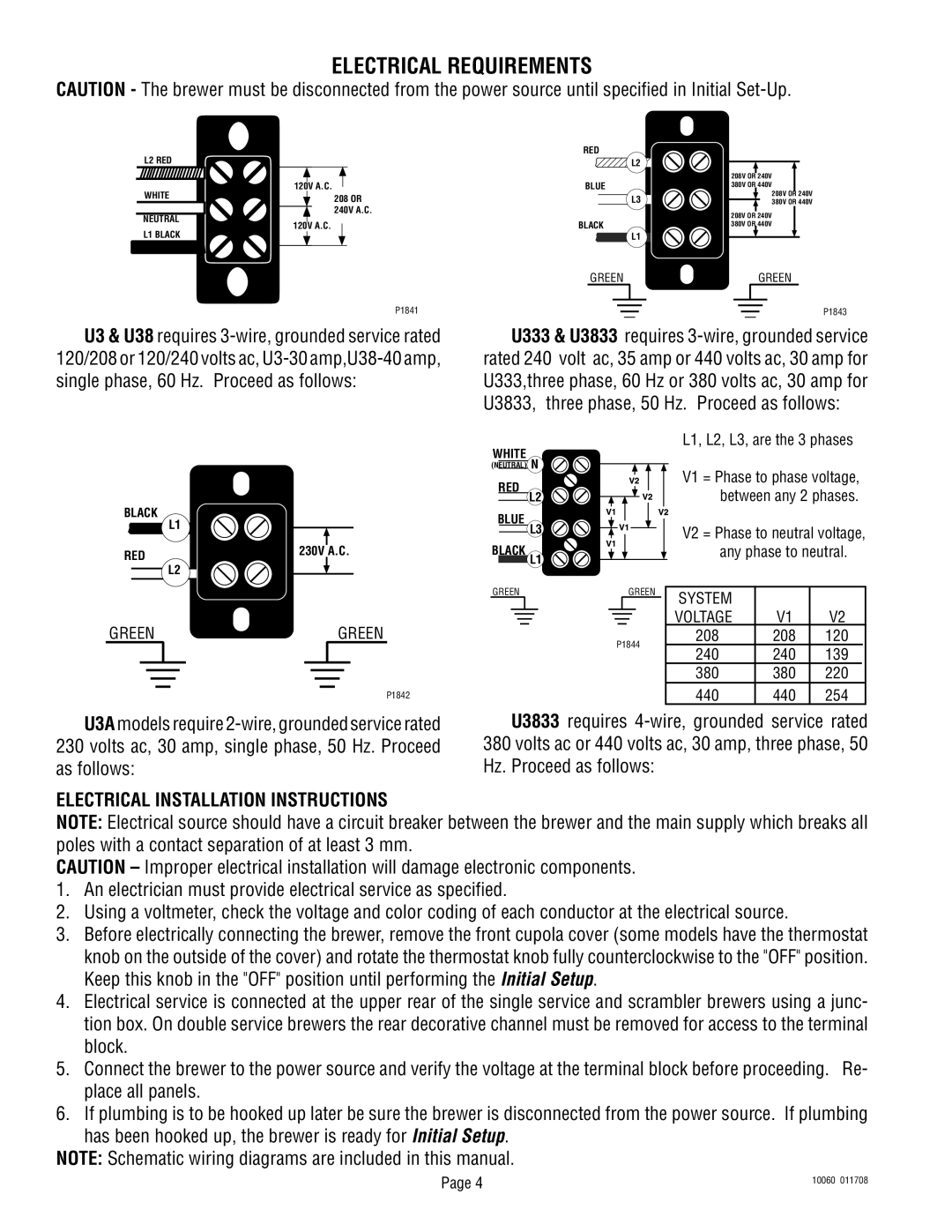 Bunn U3A service manual Electrical Requirements, Electrical Installation Instructions 