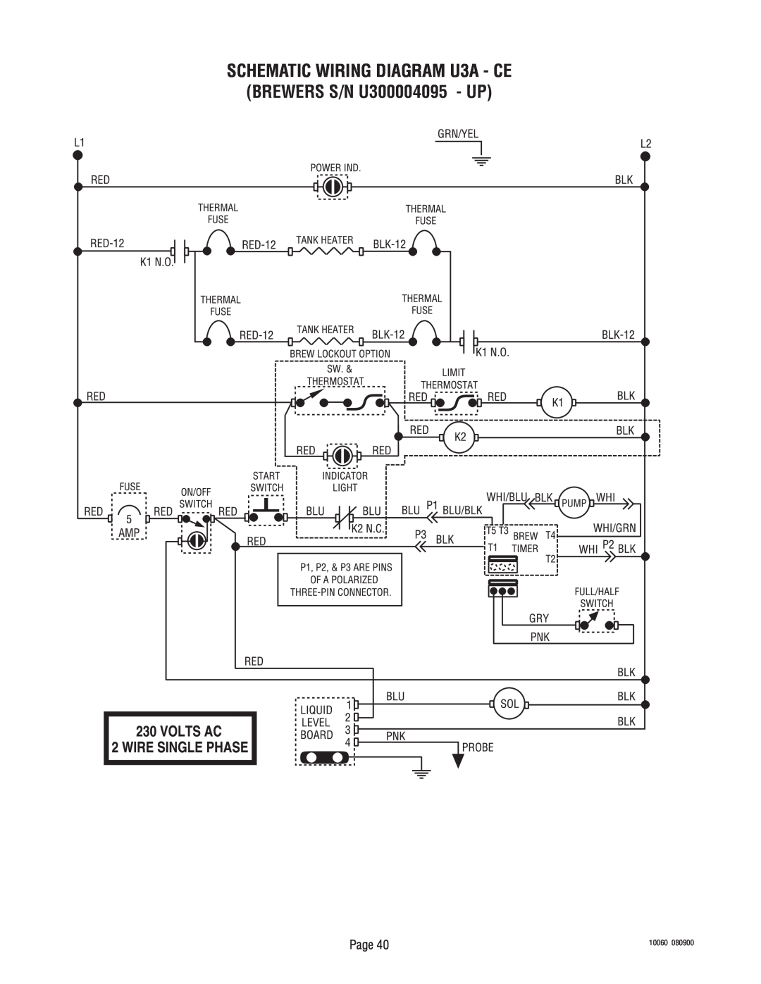 Bunn service manual SCHEMATIC WIRING DIAGRAM U3A - CE BREWERS S/N U300004095 - UP, Page, 10060, 080900 