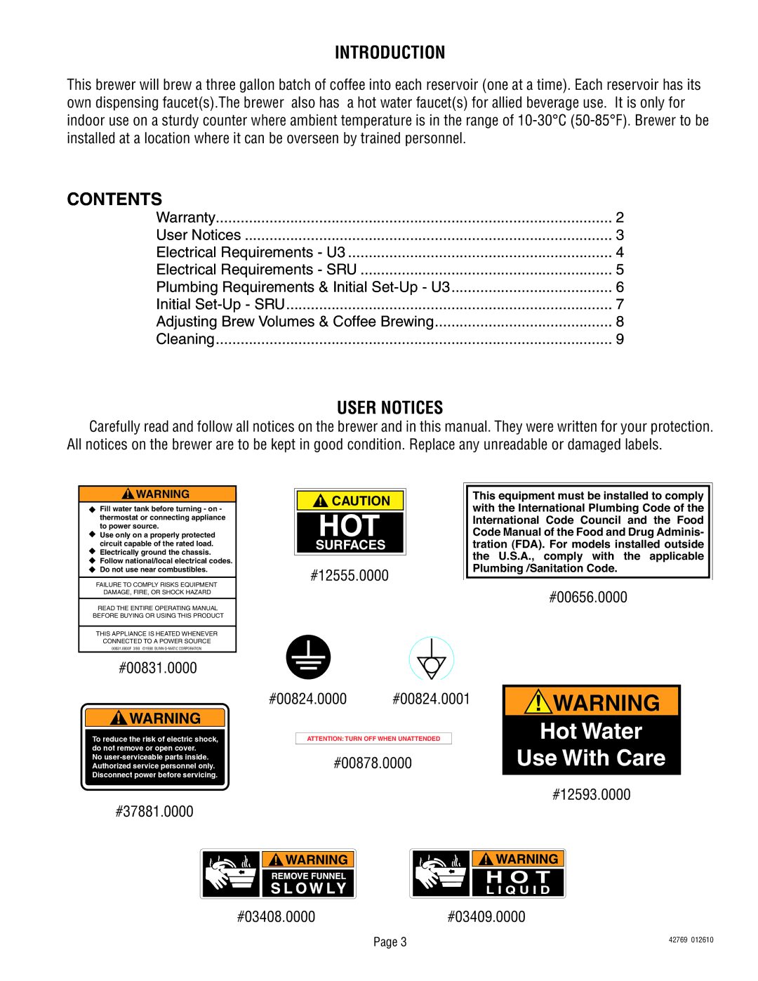 Bunn U3/SRU service manual Introduction, Contents, User Notices 