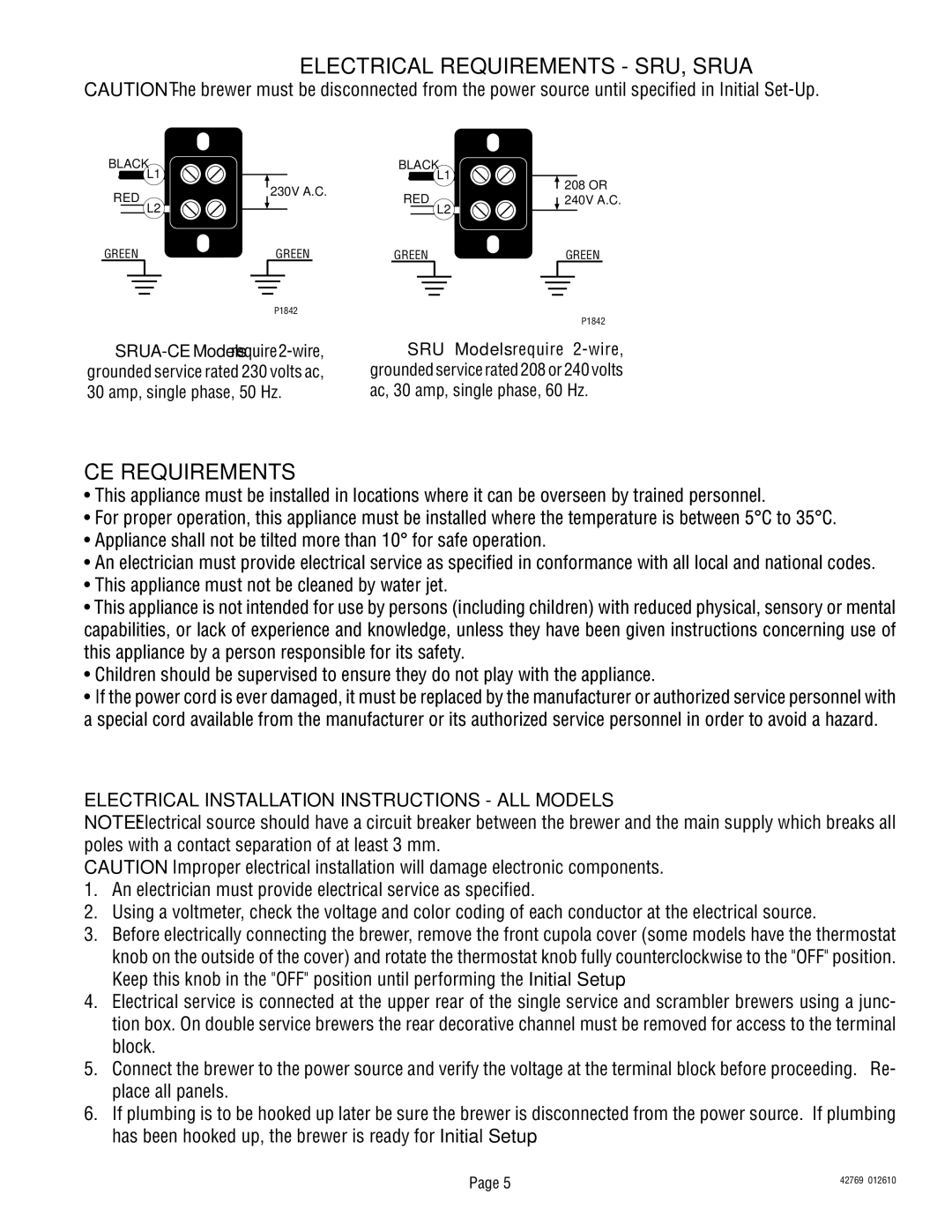 Bunn U3/SRU service manual Electrical Requirements SRU, Srua, CE Requirements 