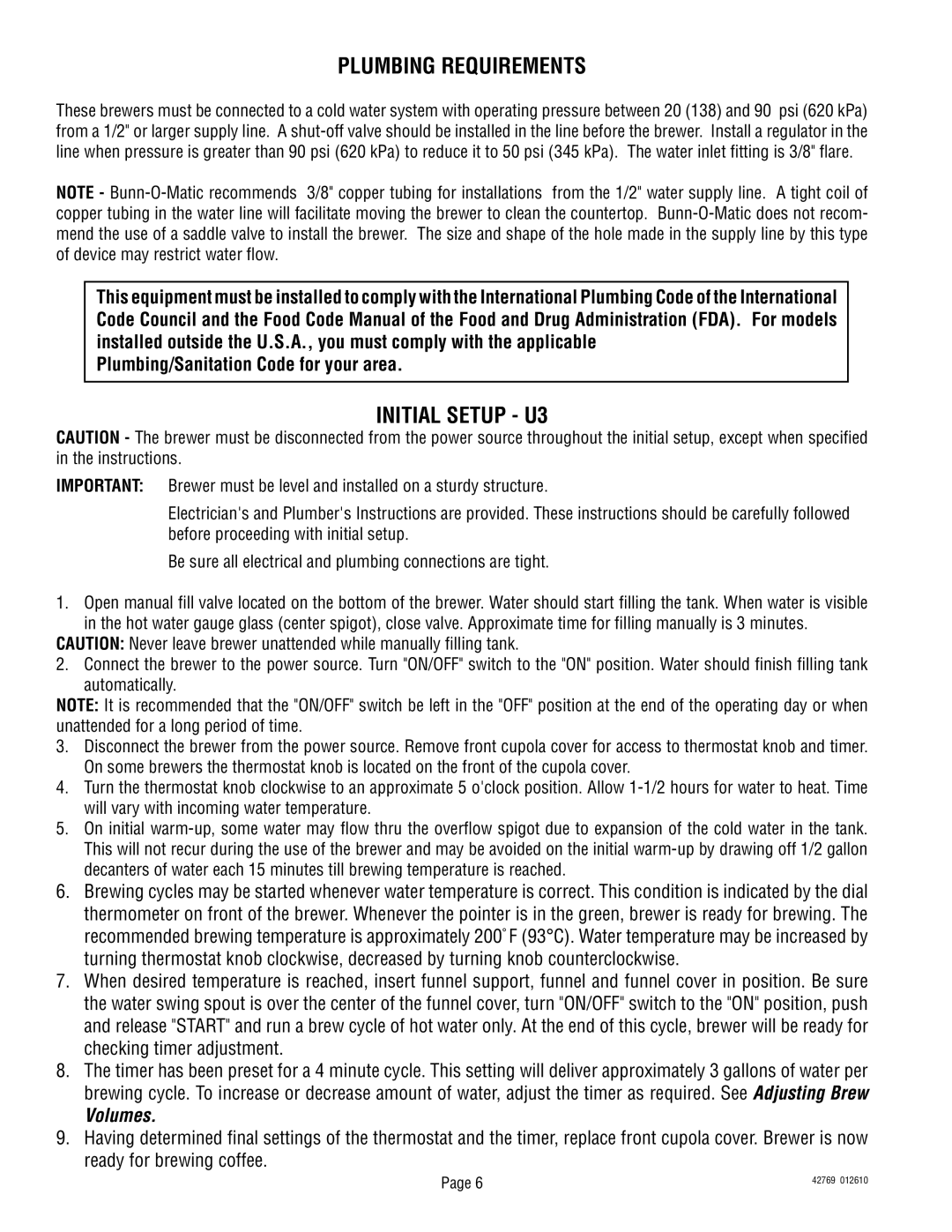 Bunn U3/SRU service manual Plumbing Requirements, Initial Setup U3 