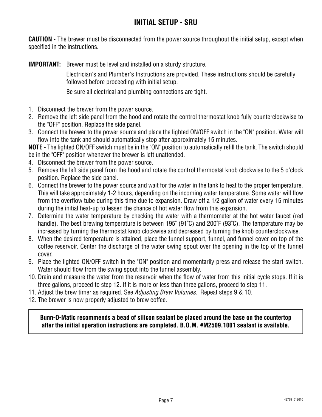 Bunn U3/SRU service manual Initial Setup SRU 