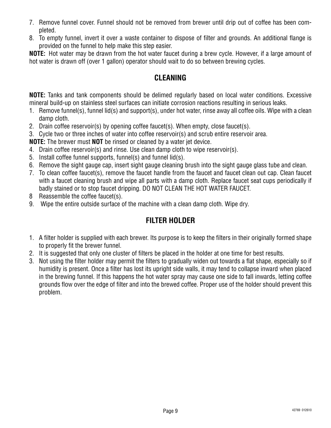 Bunn U3/SRU service manual Cleaning, Filter Holder 