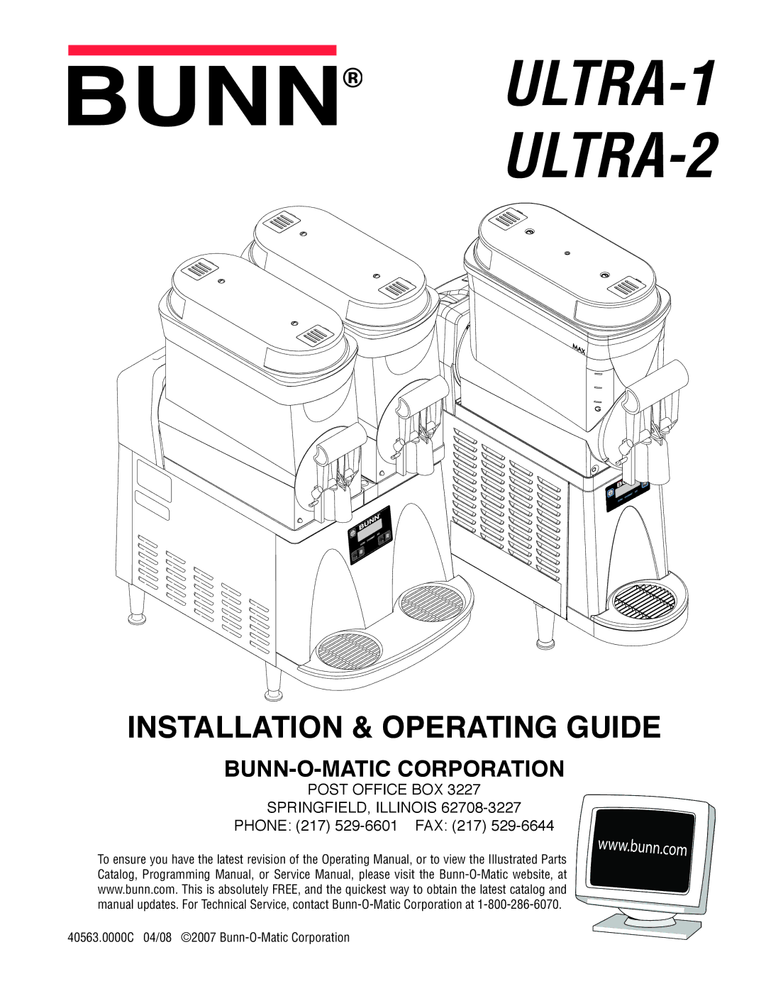 Bunn Ultra 2 service manual ULTRA-1 ULTRA-2, Phone 217 529-6601 FAX 217 