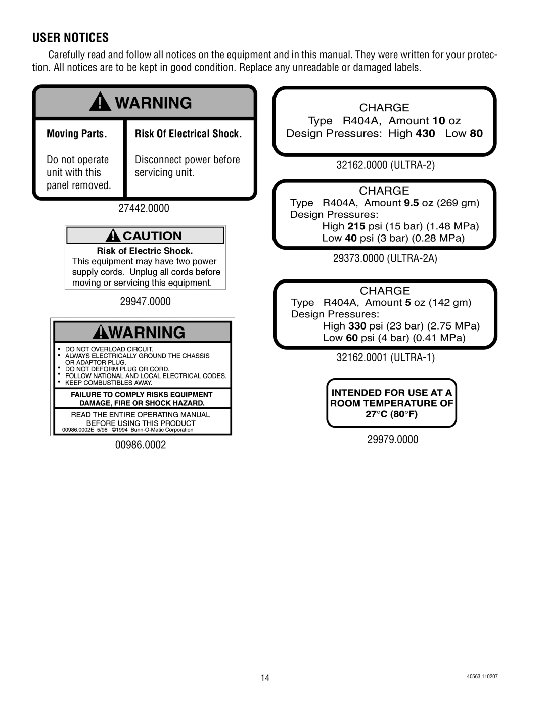 Bunn Ultra 2 User Notices, Unit with this Servicing unit, 29947.0000, ULTRA-2A, ULTRA-1 29979.0000 00986.0002 