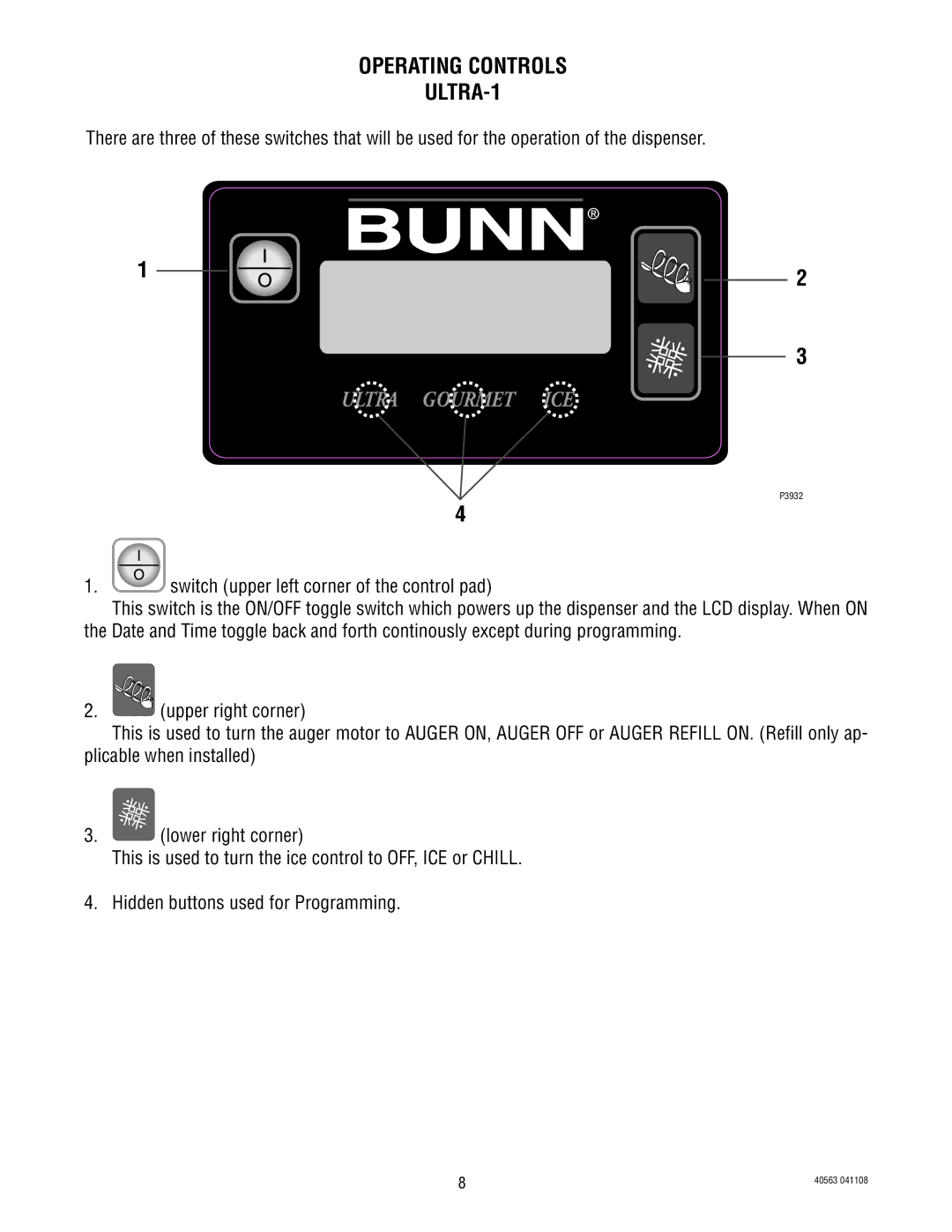 Bunn Ultra 2 service manual Operating Controls ULTRA-1 