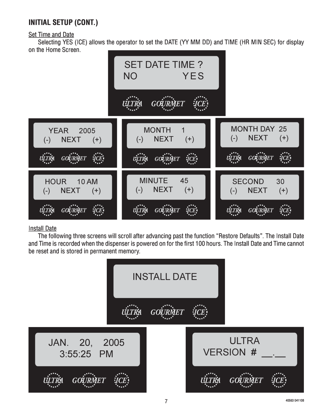 Bunn Ultra 2, ULTRA-1 service manual Set Date Time ? No Yes, Install Date, Jan, 2005, Version #, Initial setup cont 