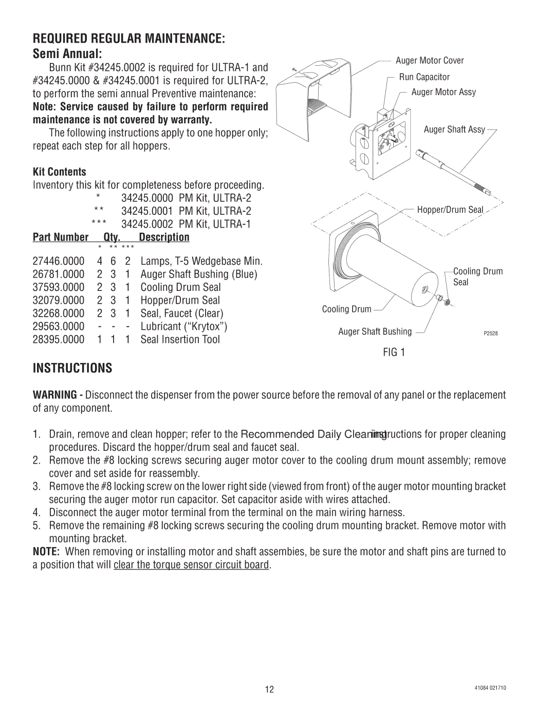 Bunn ULTRA-1 manual Required Regular Maintenance Semi Annual, Instructions, Kit Contents, Description 