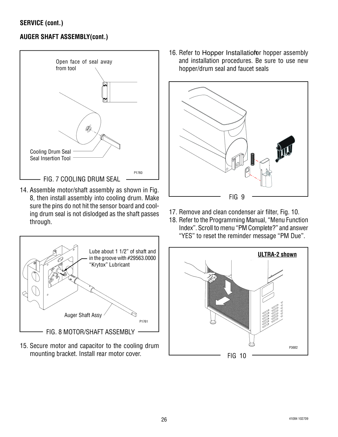 Bunn ULTRA-1 manual Service Auger Shaft ASSEMBLYcont, Remove and clean condenser air filter, Fig 