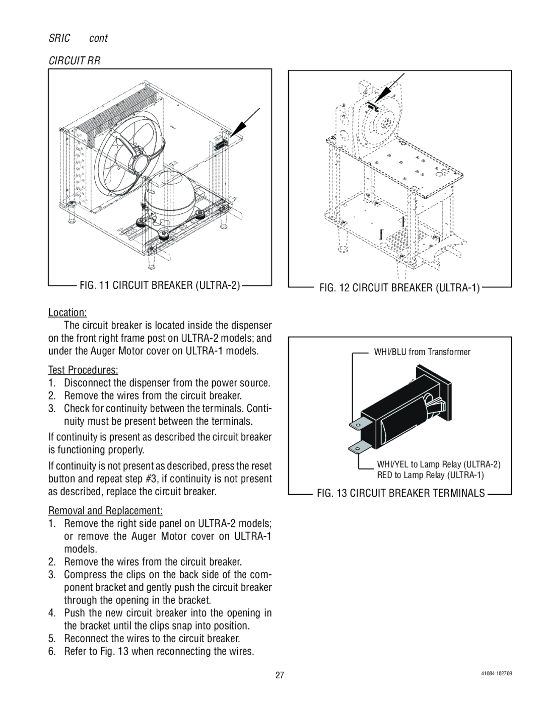 Bunn ULTRA-1 manual Circuit Breaker, Location, Test Procedures, Remove the wires from the circuit breaker 