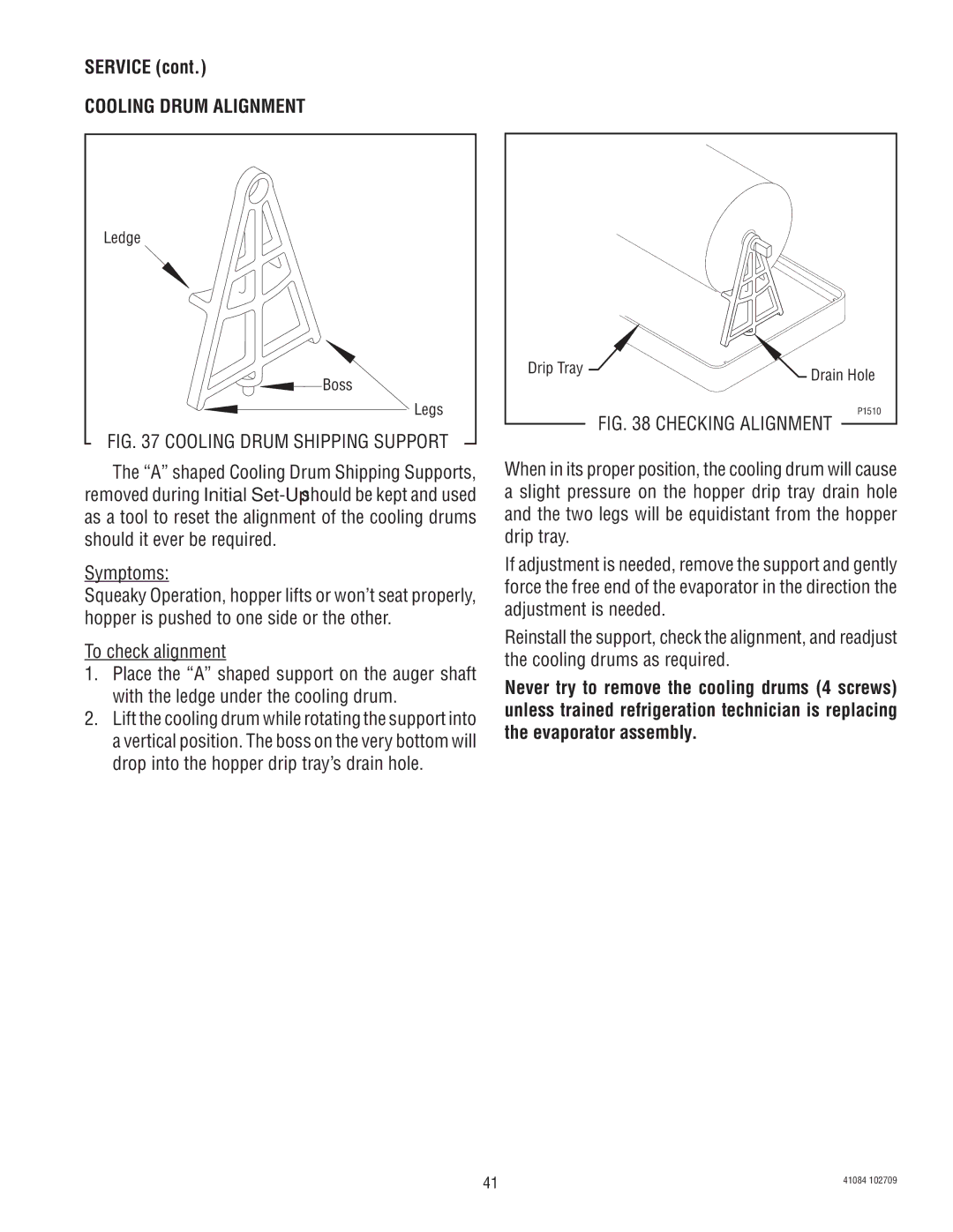 Bunn ULTRA-1 manual Cooling Drum Alignment, Cooling Drum Shipping Support 