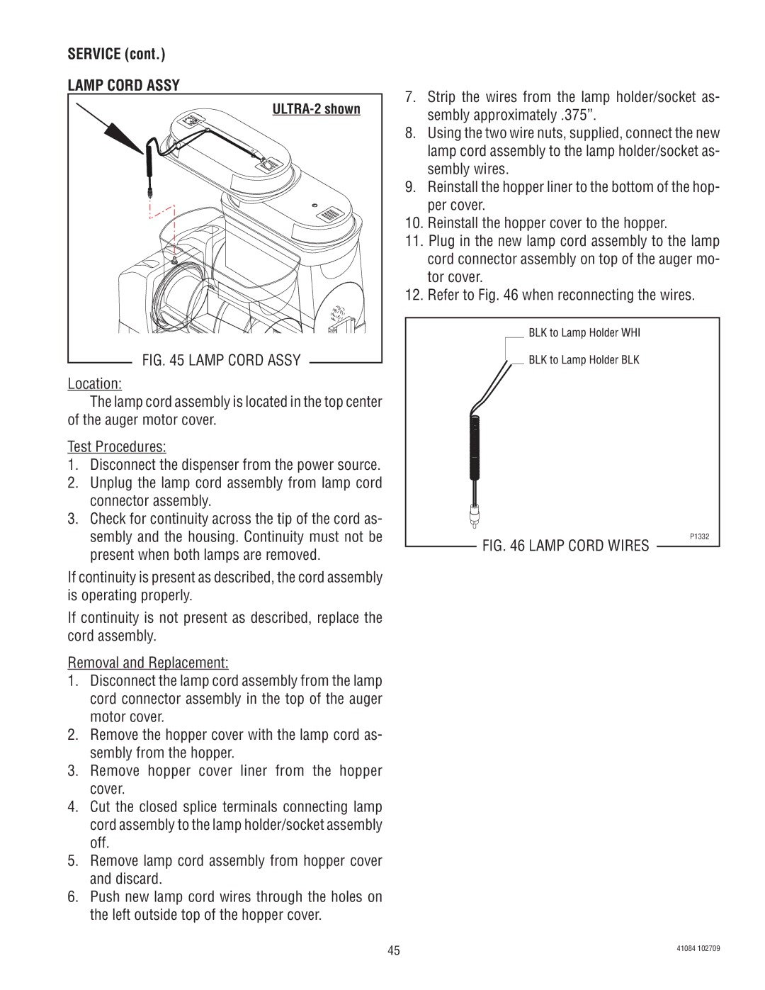 Bunn ULTRA-1 manual Lamp Cord Assy, Lamp Cord Wires 