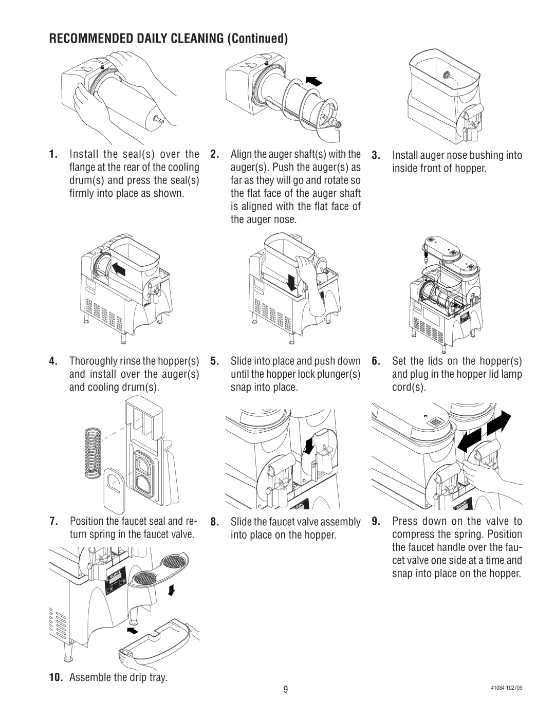 Bunn ULTRA-1 manual Recommended Daily Cleaning, Drums and press the seals, Firmly into place as shown, Auger nose 