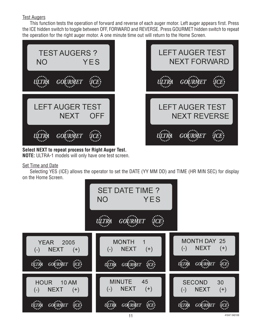 Bunn ULTRA-1 manual SET Date Time ? No YES, Month Month DAY, Hour 10 AM Minute Second, Test Augers 