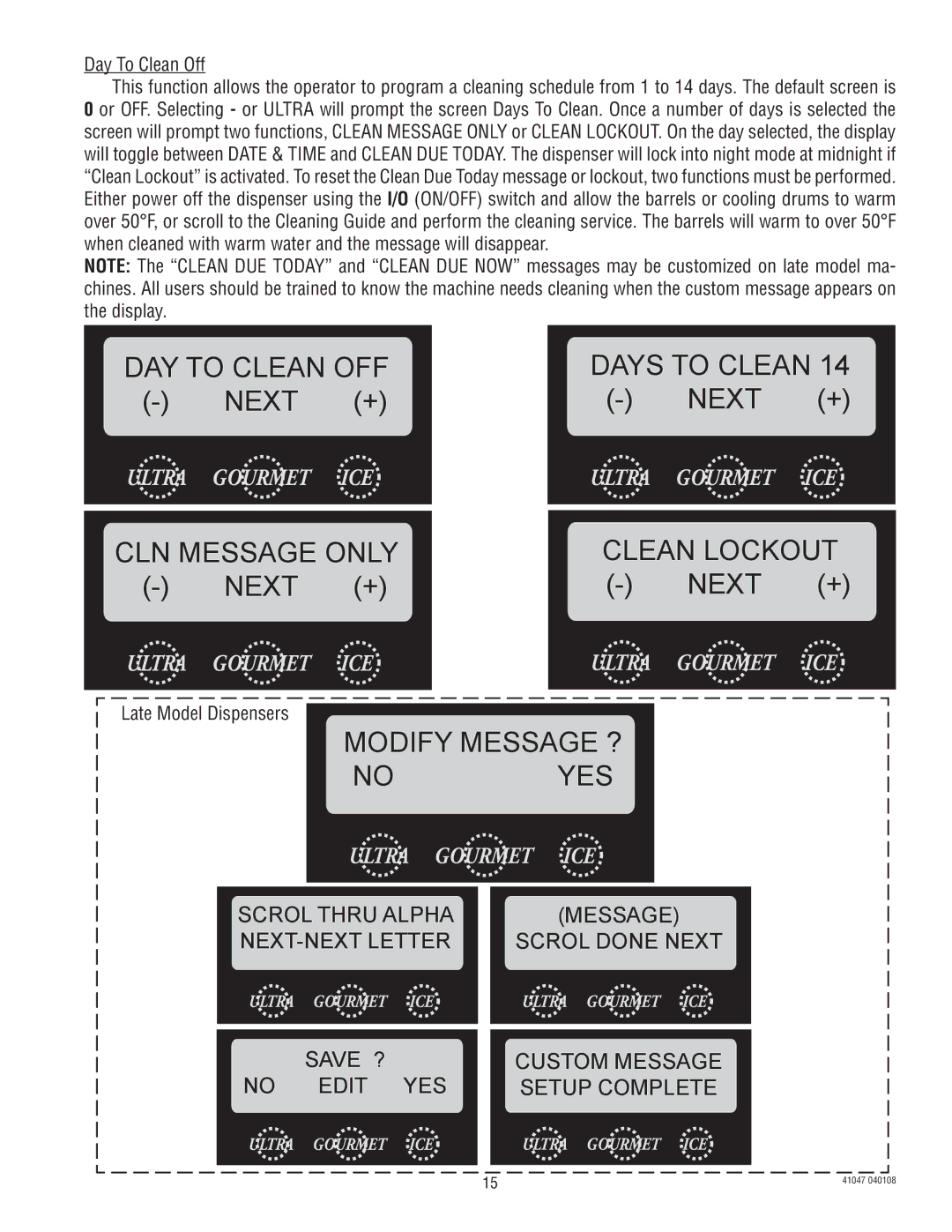 Bunn ULTRA-1 manual DAY to Clean OFF Days to Clean, Next +, CLN Message only Clean Lockout, Modify Message ? Noyes 