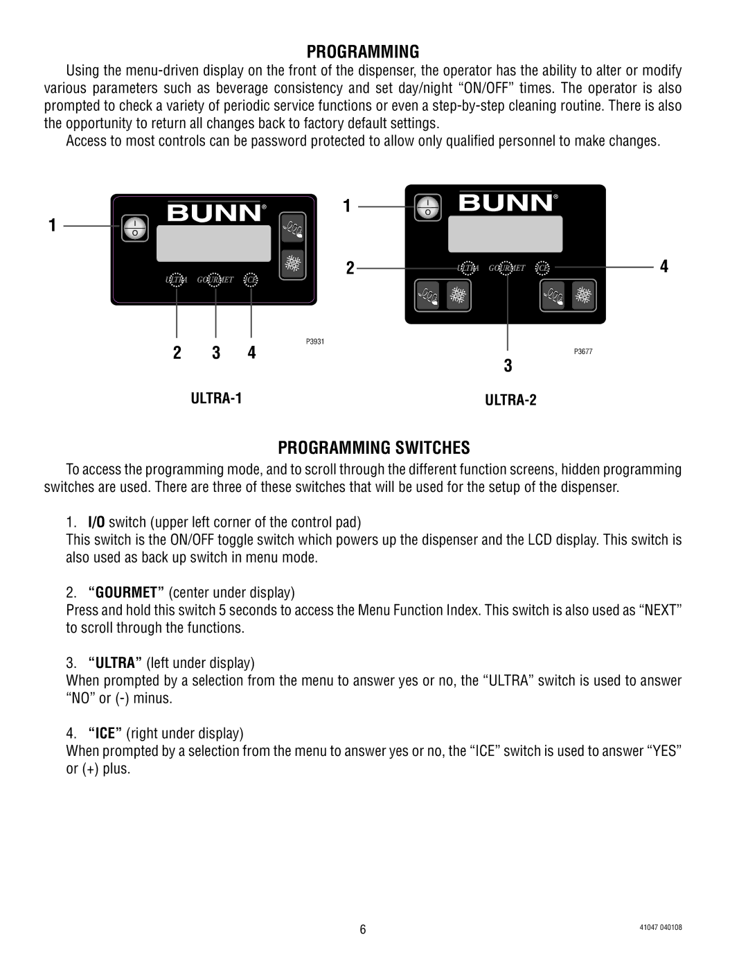 Bunn ULTRA-1 manual Programming Switches 