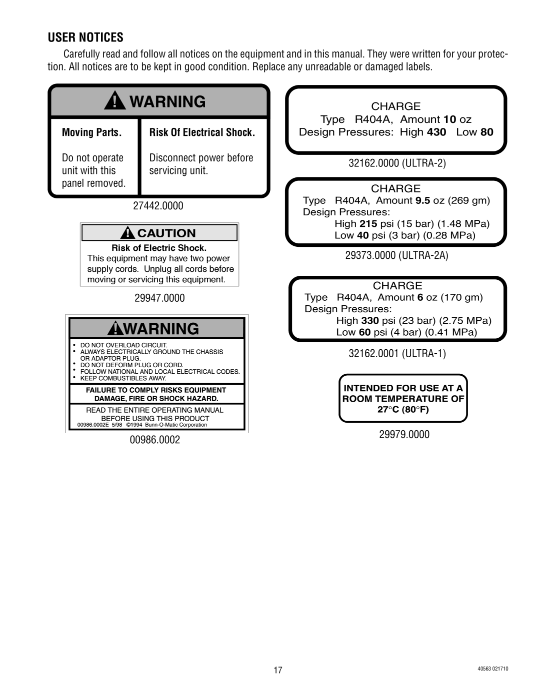 Bunn service manual User Notices, Unit with this Servicing unit, 29947.0000, ULTRA-2A, ULTRA-1 00986.0002 29979.0000 