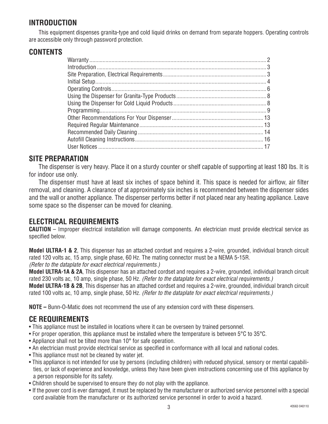 Bunn ULTRA-1 service manual Introduction, Contents, Site Preparation, Electrical Requirements, CE Requirements 