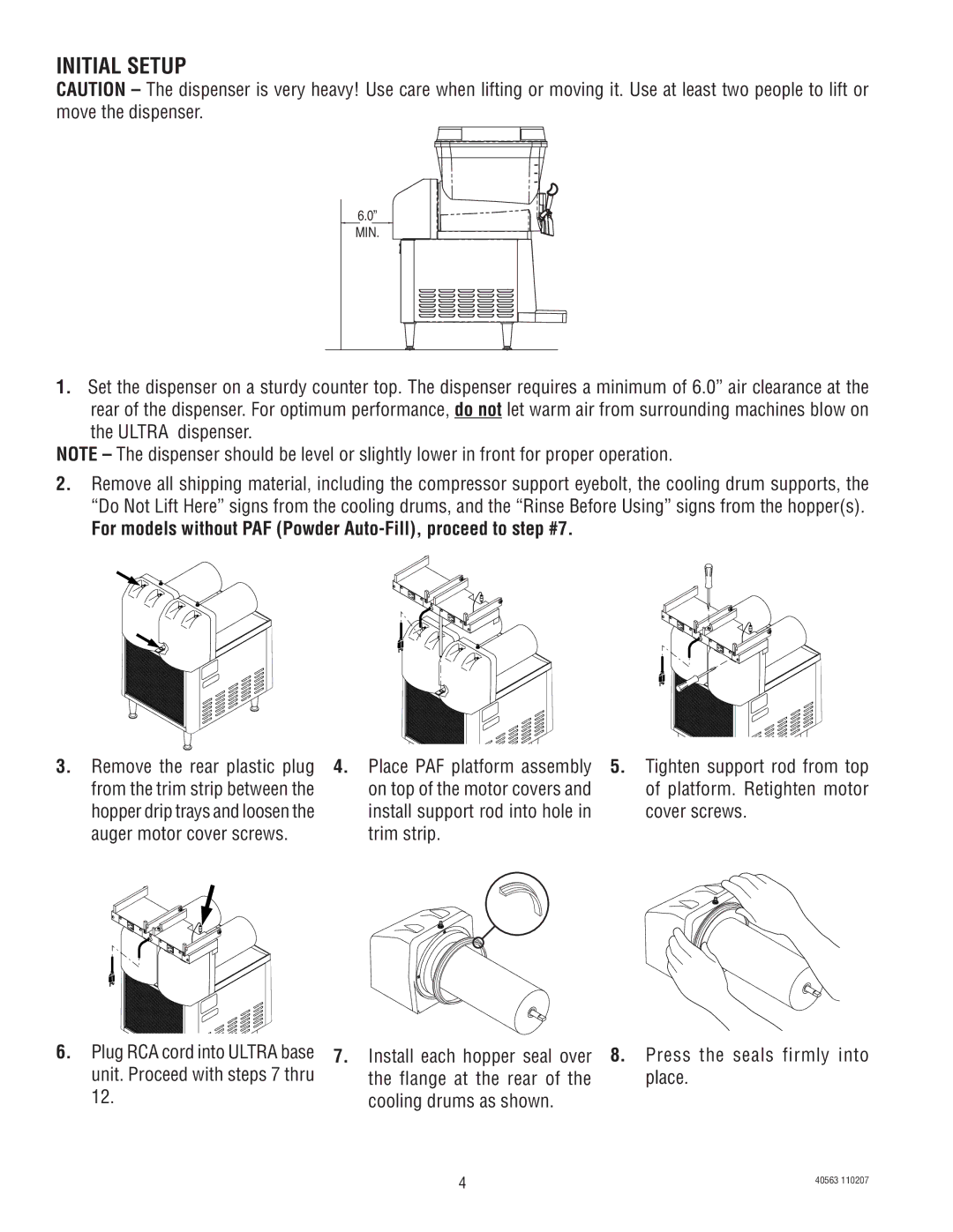 Bunn ULTRA-1 service manual Initial setup, Ultra dispenser, Remove the rear plastic plug Place PAF platform assembly 