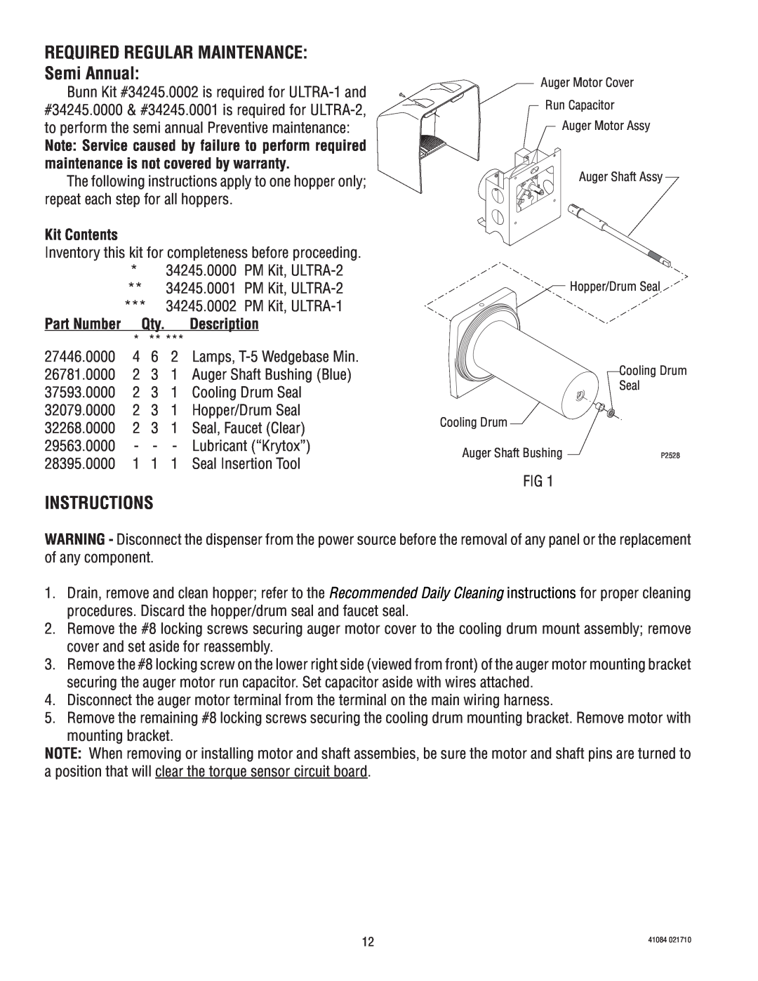 Bunn ULTRA-1 manual REQUIRED REGULAR MAINTENANCE Semi Annual, Instructions, Kit Contents, Description 