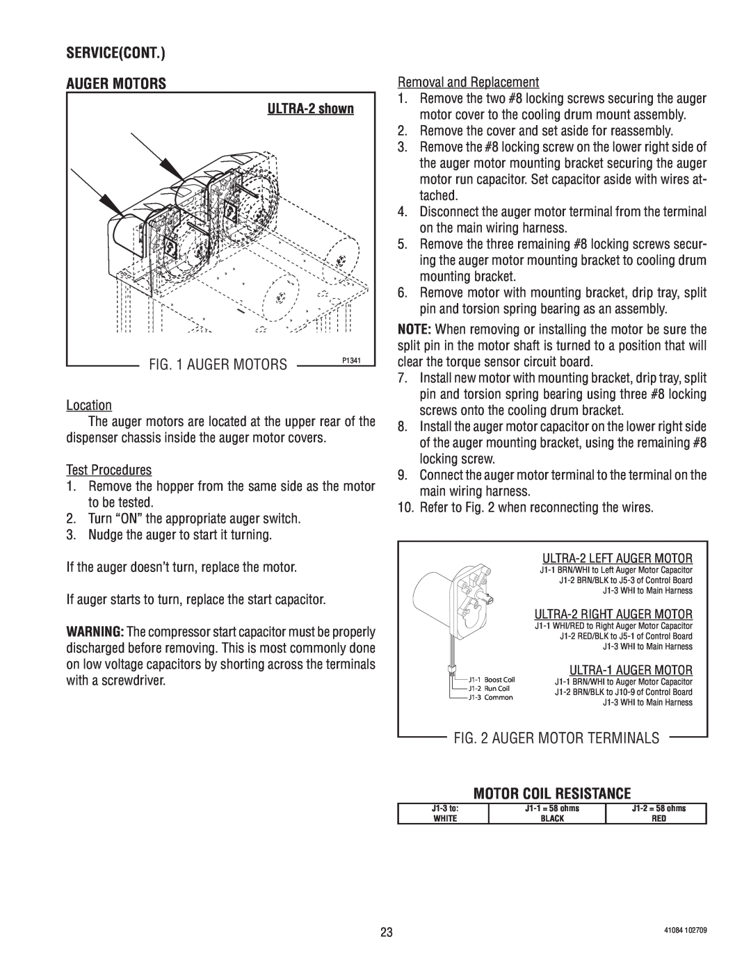 Bunn ULTRA-1 manual SERVICEcont AUGER MOTORS, Auger Motors, Motor Coil Resistance, Auger Motor Terminals 
