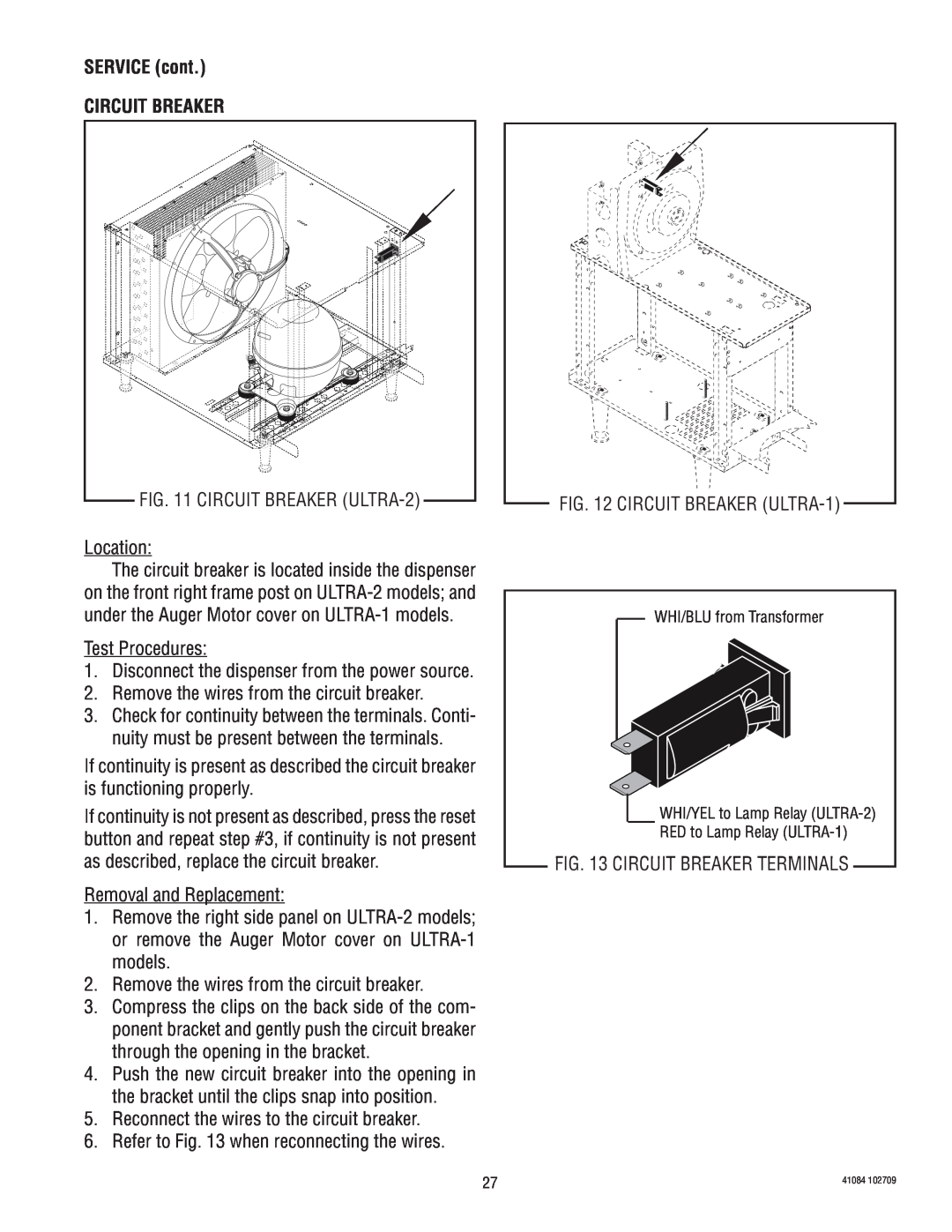 Bunn ULTRA-1 manual SERVICE cont CIRCUIT BREAKER 