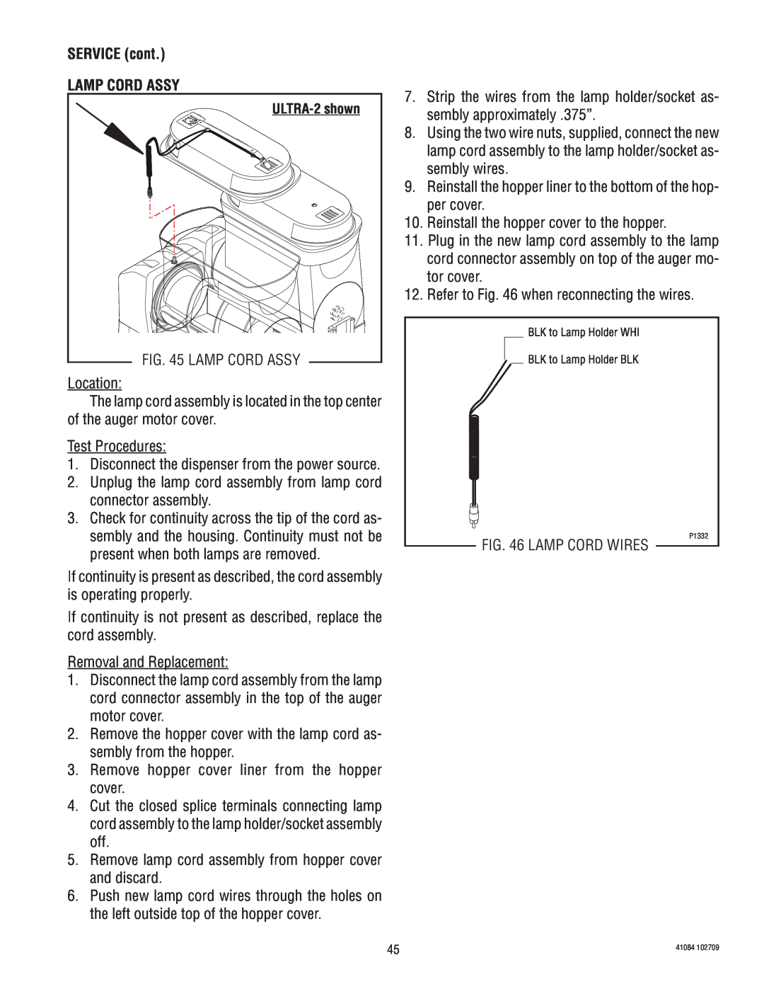Bunn ULTRA-1 manual SERVICE cont LAMP CORD ASSY, Lamp Cord Assy 