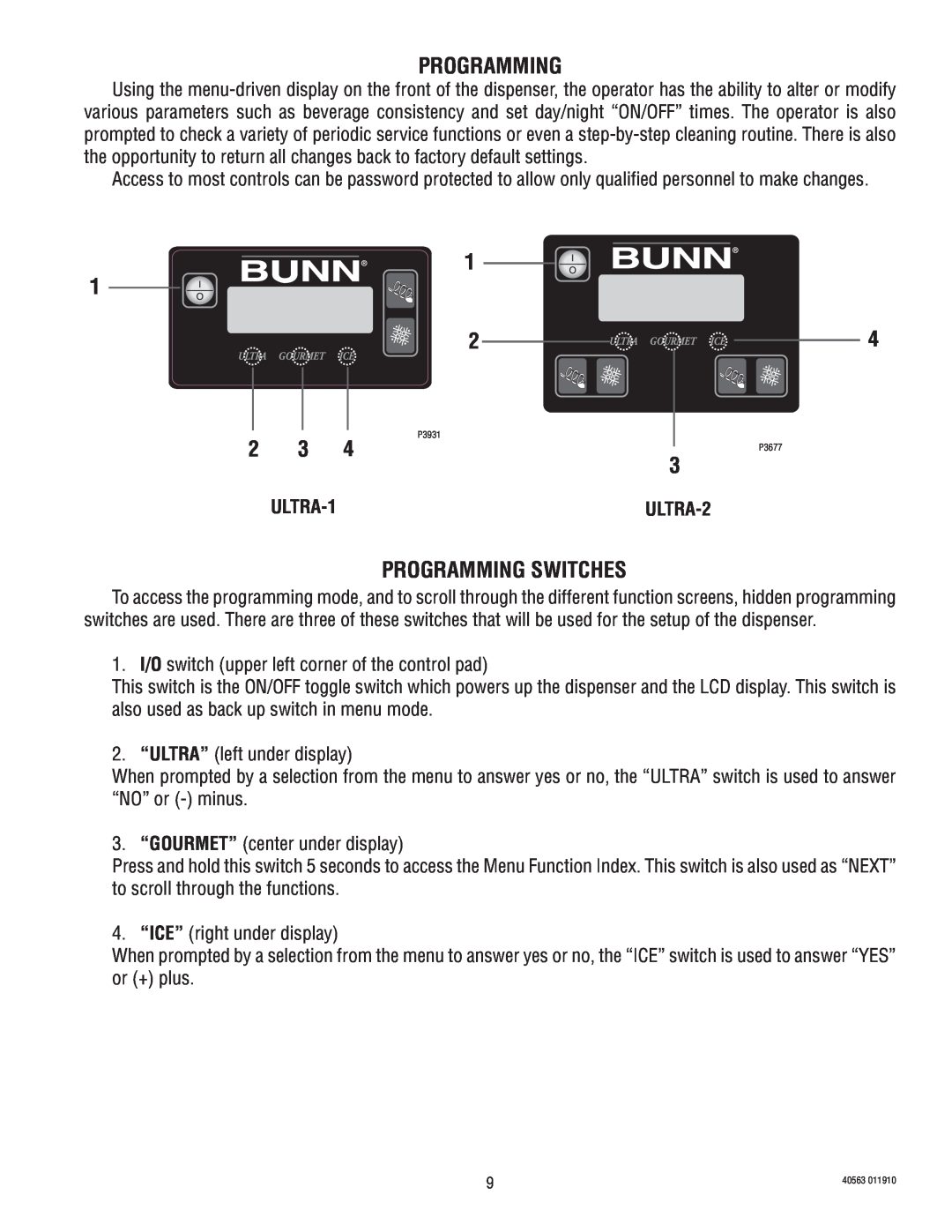 Bunn ULTRA-1 service manual Programming Switches, ULTRA-2 
