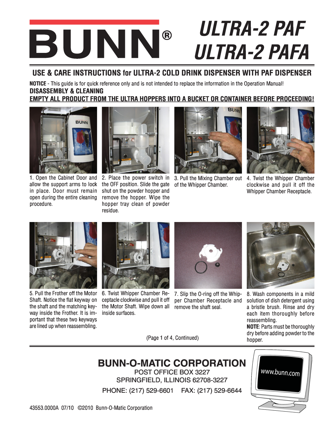 Bunn ULTRA-2 PAF manual ULTRA-2PAFA, Bunn-O-Maticcorporation, Disassembly & Cleaning, PHONE 217 529-6601FAX 
