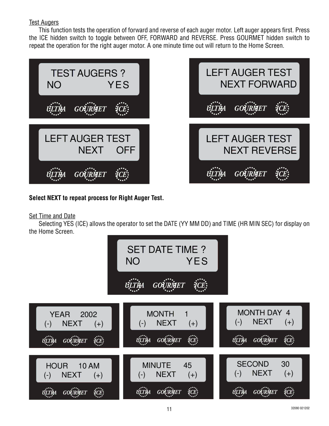 Bunn ULTRA-2 manual Test Augers ? Left Auger Test YES, Left Auger Test Next OFF Next Reverse, SET Date Time ? No YES 