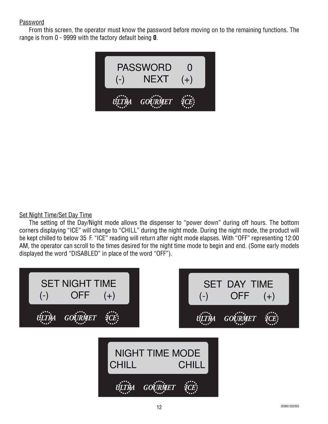 Bunn ULTRA-2 manual Password 0 Next +, SET Night Time SET DAY Time, Off +, Night Time Mode Chill Chill 