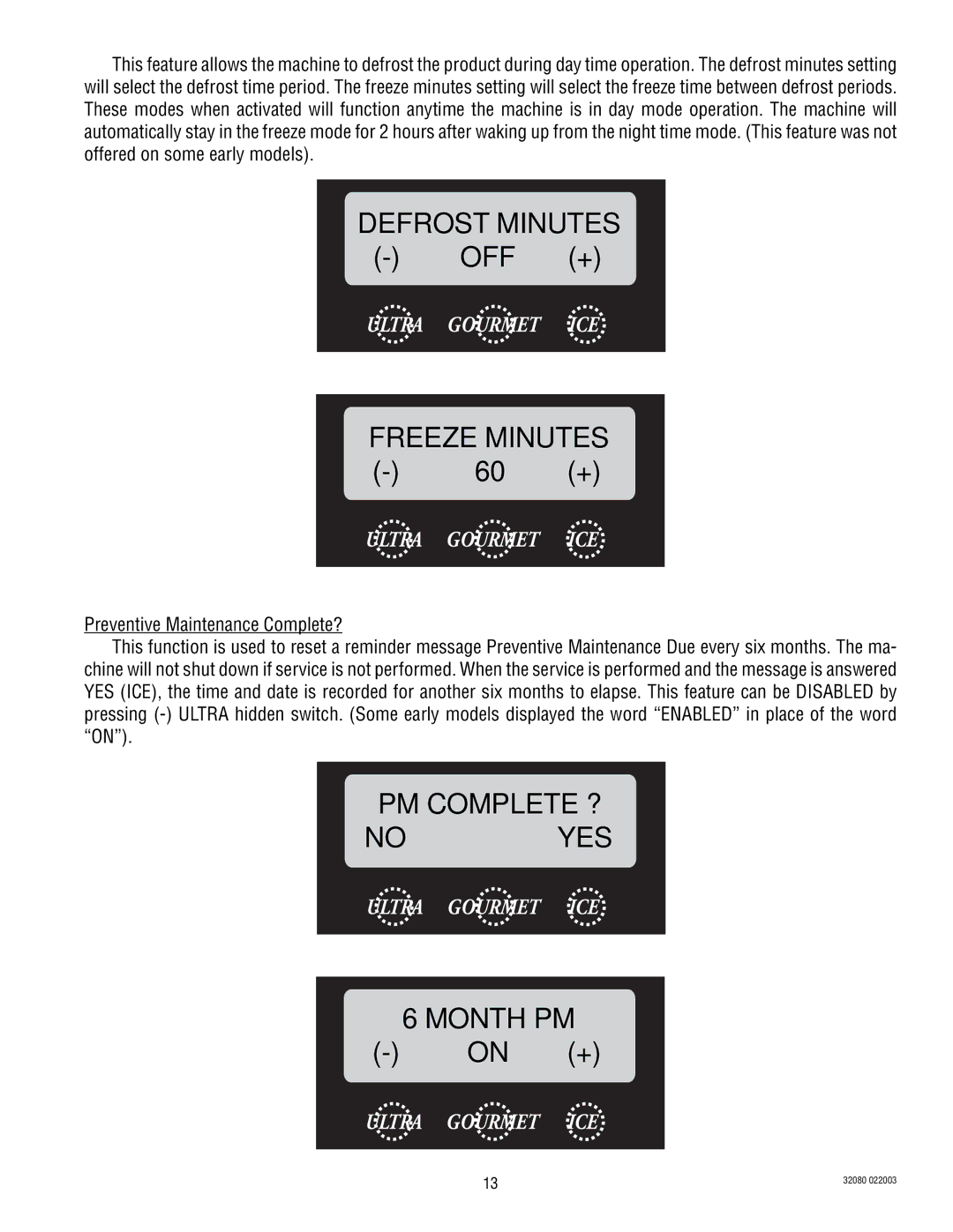 Bunn ULTRA-2 manual Defrost Minutes OFF + Freeze Minutes, 60 +, PM Complete ? No YES Month PM, On + 