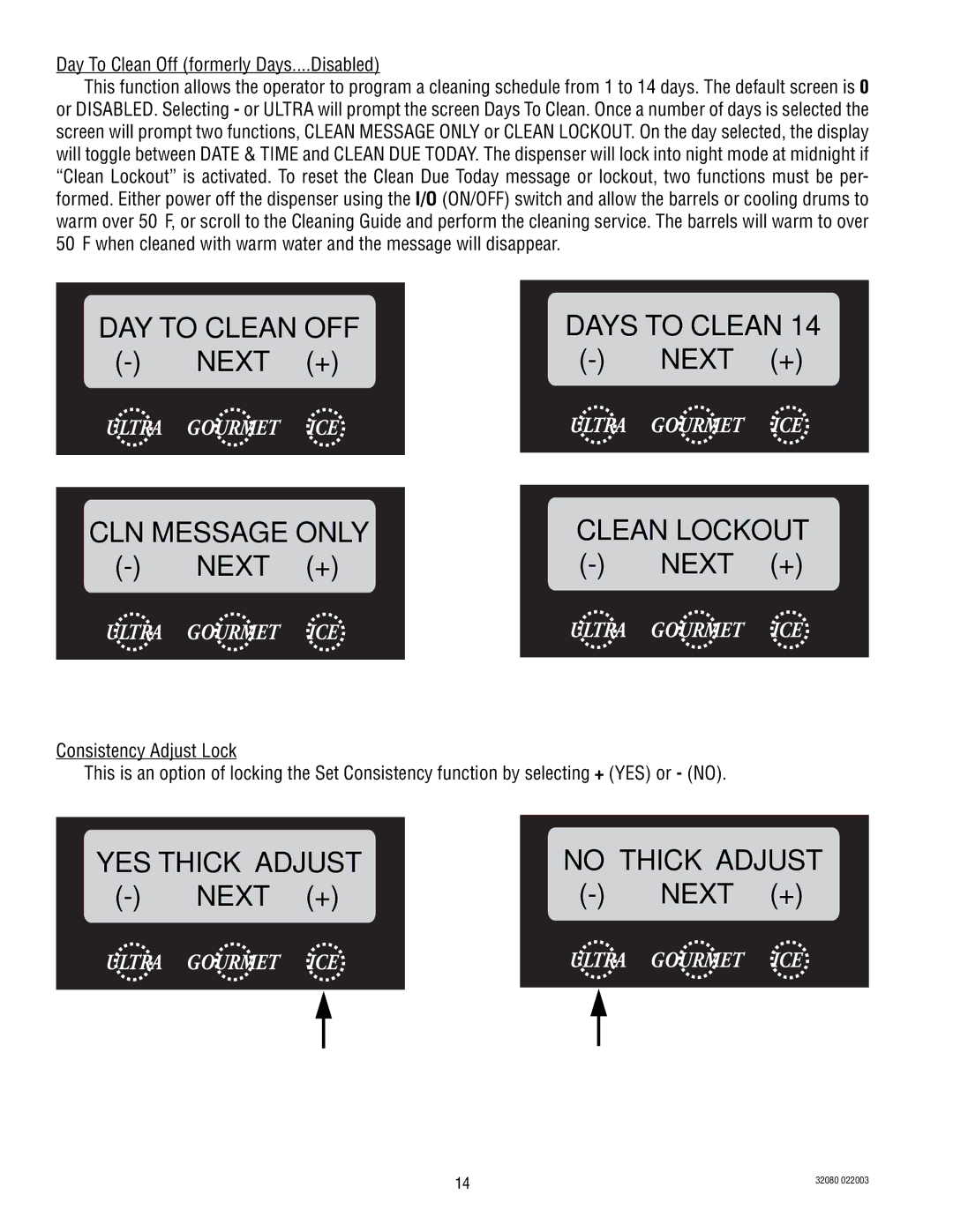 Bunn ULTRA-2 manual Next +, Clean Lockout, YES Thick Adjust No Thick Adjust, Day To Clean Off formerly Days....Disabled 