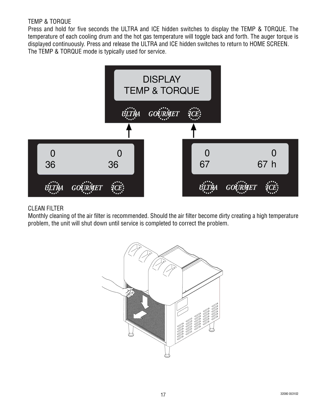 Bunn ULTRA-2 manual Display Temp & Torque, 67 h, Temp & Torque mode is typically used for service 